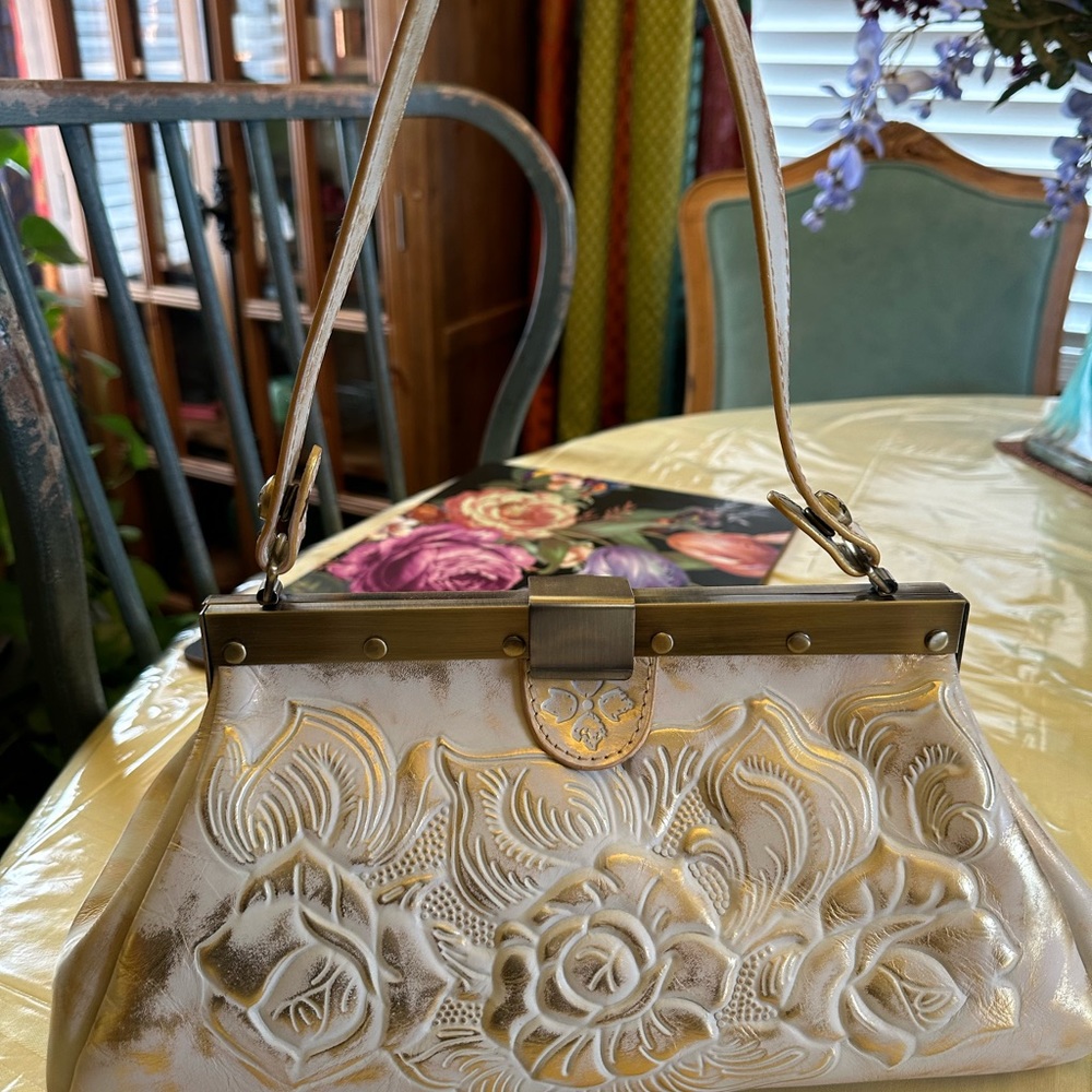 Patricia Nash Ferrara Framed Rose Floral Tool Embossed Leather Satchel